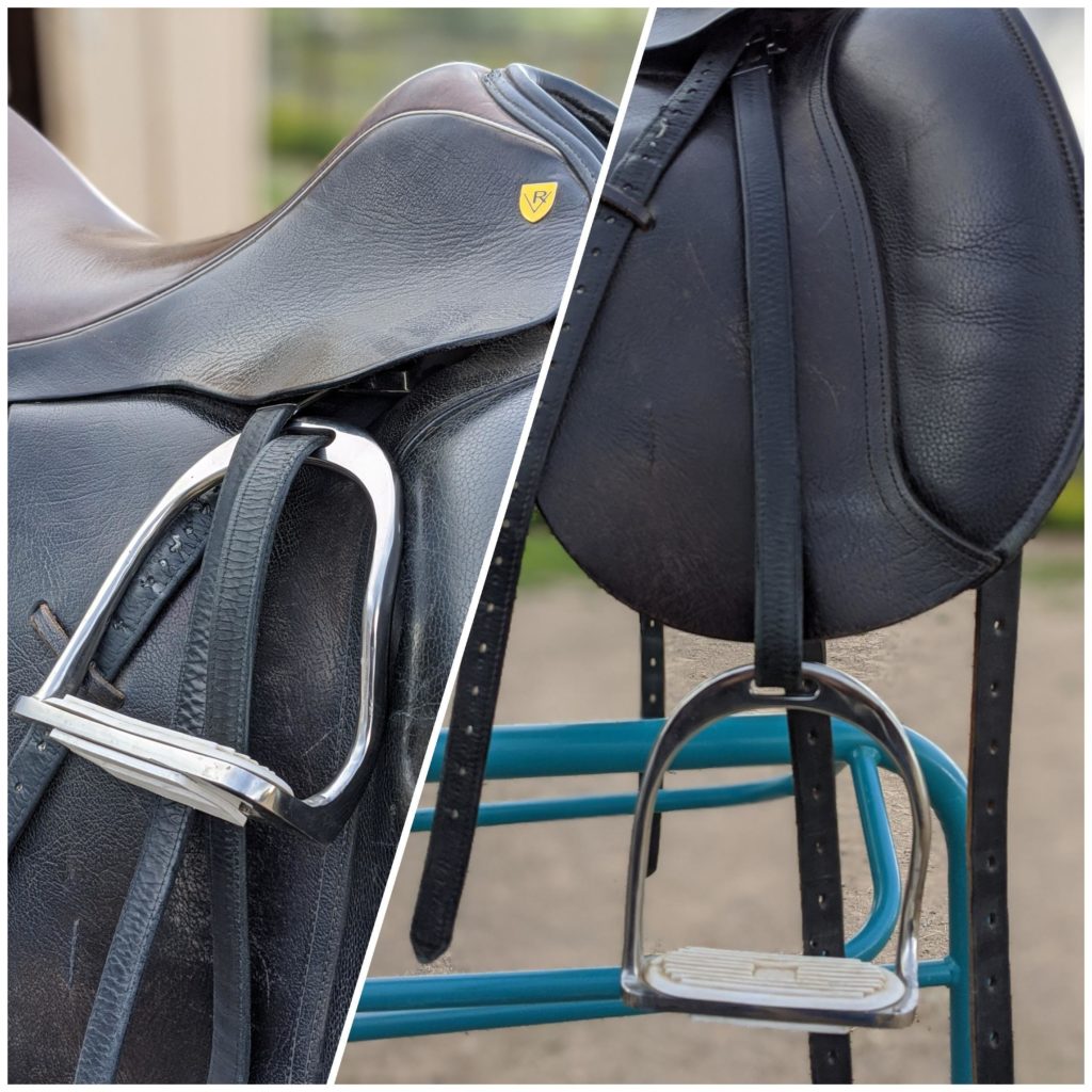 s stirrups on a black dressage saddle